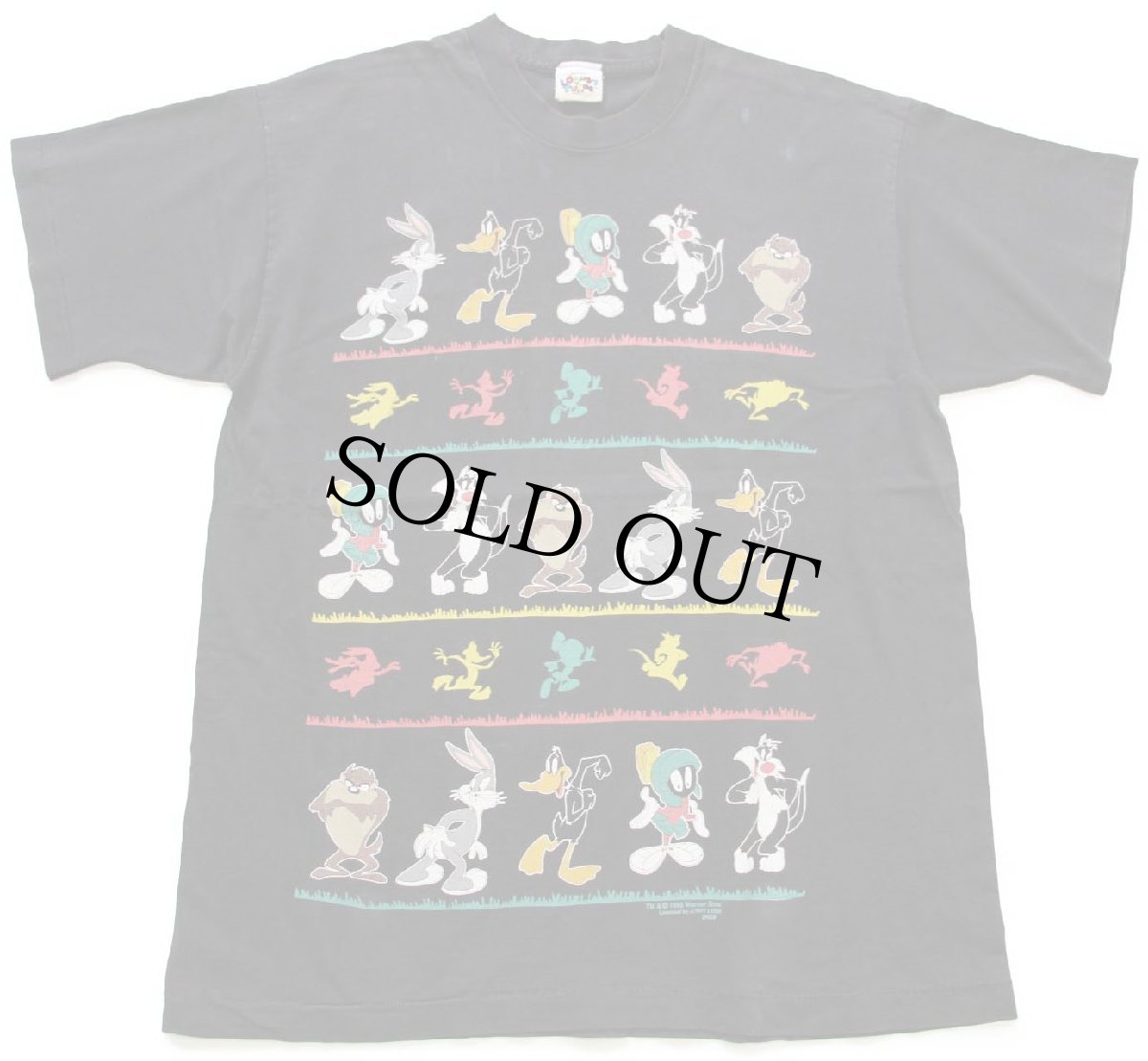 画像2: 90s Warner Bros LOONEY TUNES バッグスバニー ダフィーダック タズマニアンデビル キャラクター コットンTシャツ 黒 フェード (2)