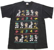 画像2: 90s Warner Bros LOONEY TUNES バッグスバニー ダフィーダック タズマニアンデビル キャラクター コットンTシャツ 黒 フェード (2)