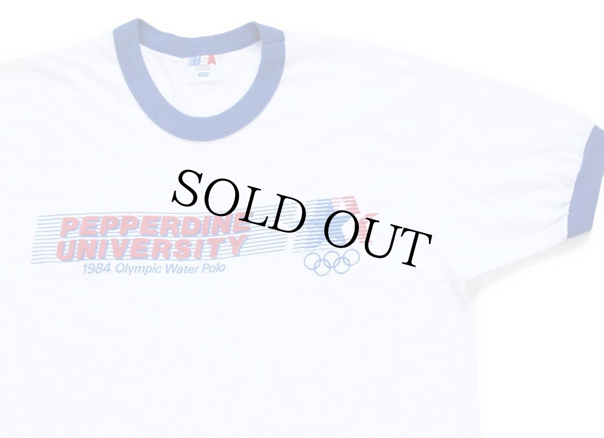 画像1: 80s Levi'sリーバイス PEPPERDINE UNIVERSITY 1984 Olympic Water Polo オリンピック リンガーTシャツ 白×青 (1)