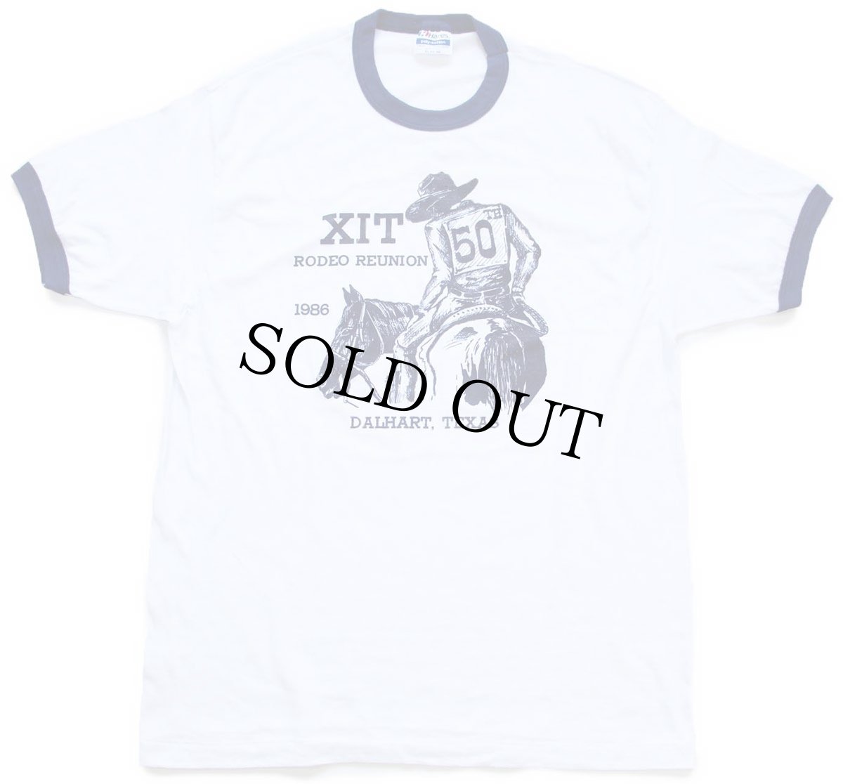 画像2: 80s USA製 Hanes XIT RODEO REUNION カウボーイ リンガーTシャツ 白×紺 XL (2)