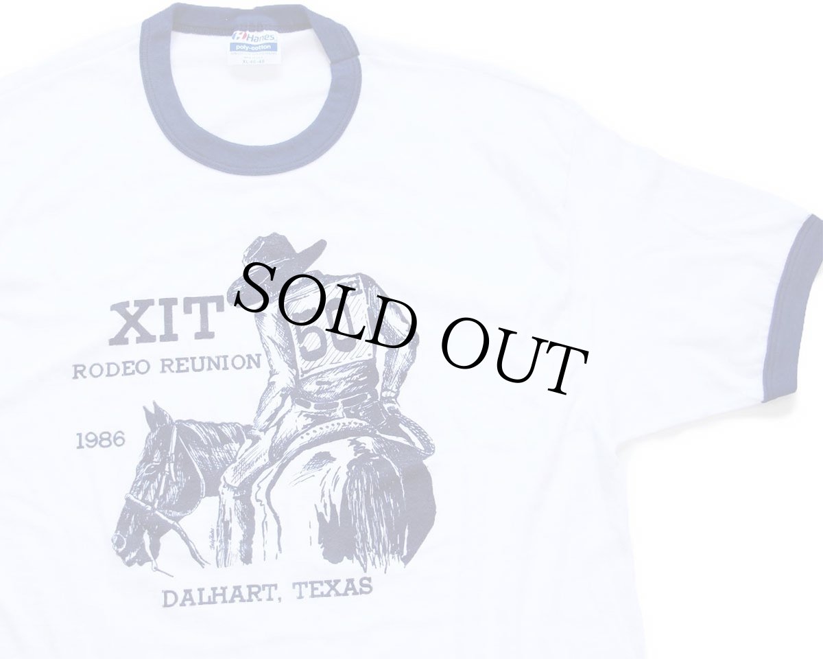 画像1: 80s USA製 Hanes XIT RODEO REUNION カウボーイ リンガーTシャツ 白×紺 XL (1)