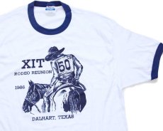 画像1: 80s USA製 Hanes XIT RODEO REUNION カウボーイ リンガーTシャツ 白×紺 XL (1)