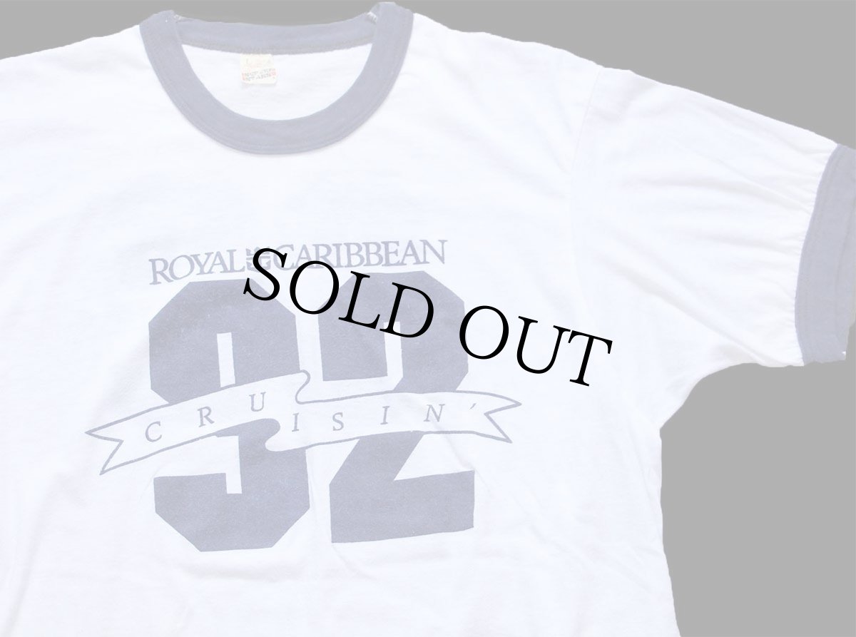 画像1: 80s USA製 ROYAL CARIBBEAN 92 CRUISIN 両面プリント リンガーTシャツ 白×紺 L (1)