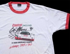 画像1: 90s USA製 Castrol JAGUAR Le mans 91 チェッカーフラッグ リンガーTシャツ 白×赤 XL (1)