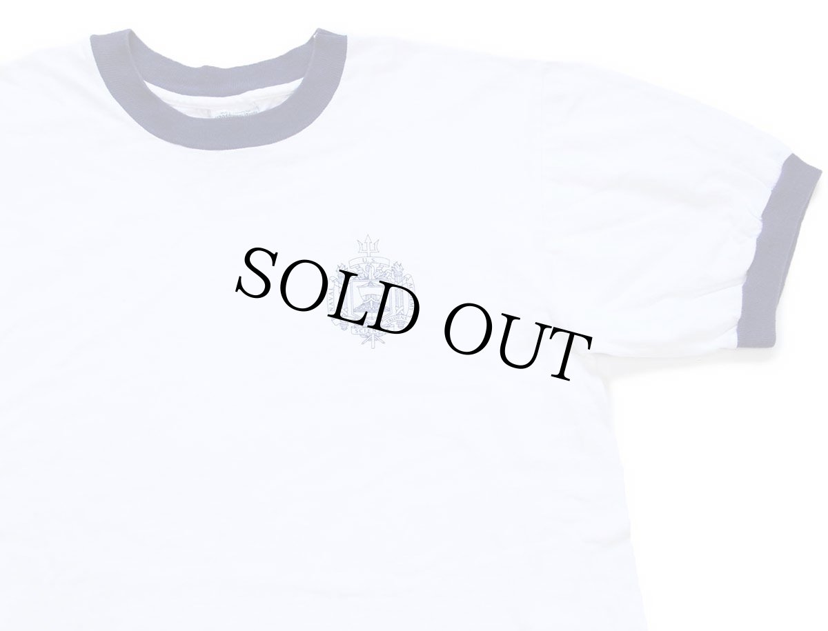 画像1: USA製 U.S.NAVAL ACADEMY ロゴ コットン リンガーTシャツ 白×ナス紺 M (1)