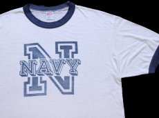 画像1: 90s USA製 U.S.NAVY ロゴ ステンシル リンガーTシャツ ボロ 白×紺 XL (1)