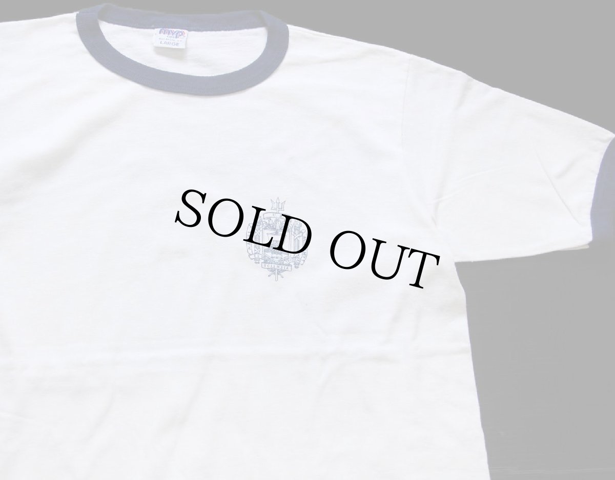 画像1: 90s USA製 MVP U.S.NAVAL ACADEMY ロゴ コットン リンガーTシャツ 白×紺 L (1)