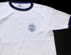 画像1: 90s USA製 MVP U.S.NAVAL ACADEMY ロゴ コットン リンガーTシャツ 白×紺 L (1)