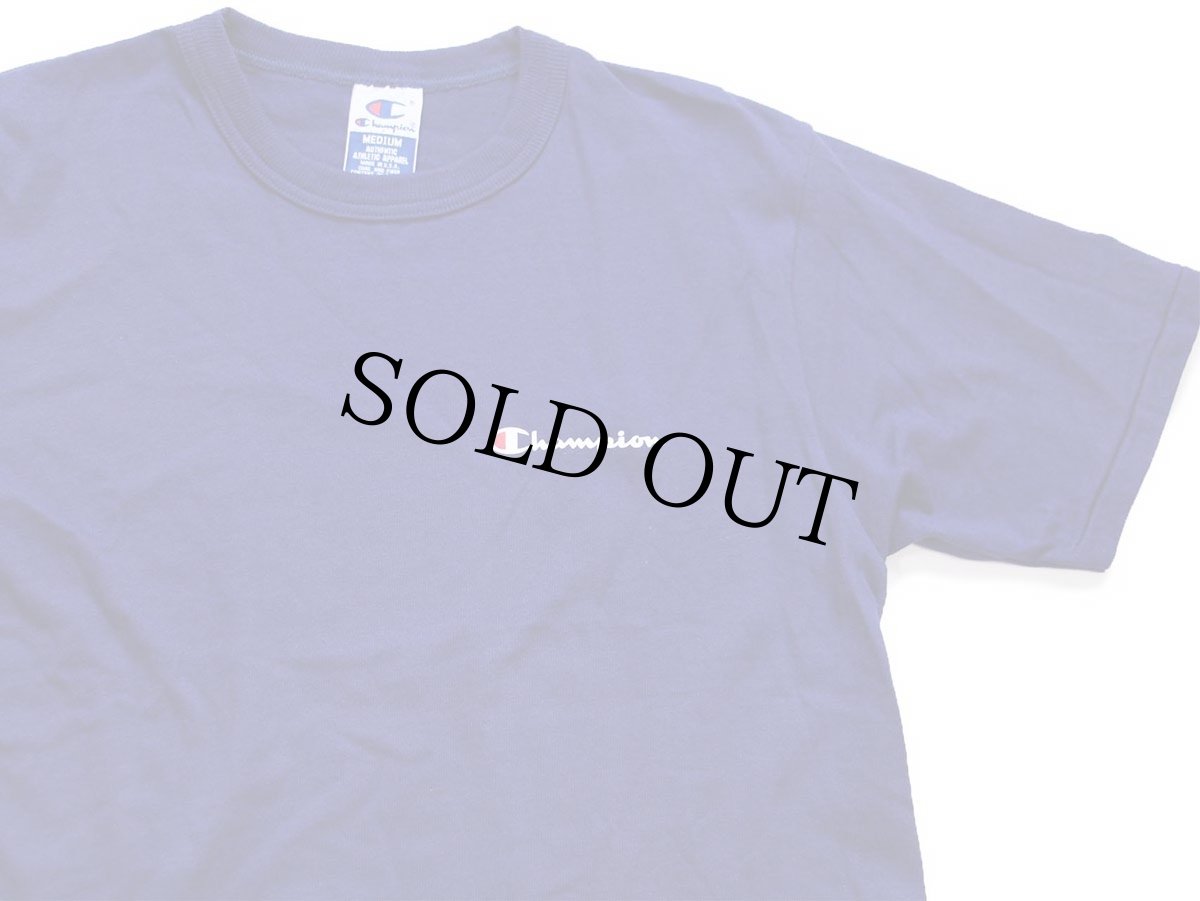 画像1: 90s USA製 Championチャンピオン ワンポイント スクリプト ロゴ コットンTシャツ 青紺 M (1)