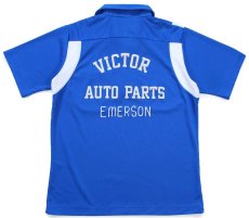 画像1: 70s USA製 Hiltonヒルトン VICTOR AUTO PARTS フロッキープリント EMERSON チェーン刺繍 ボウリングシャツ 青 L (1)