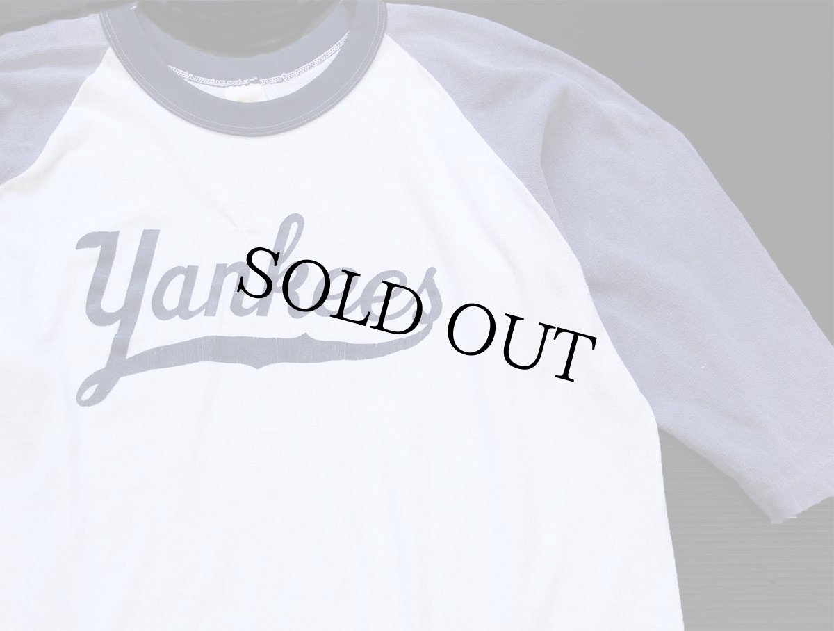 画像3: 70s USA製 RUSSELLラッセル MLB New York Yankees ヤンキース 七分袖 ラグランTシャツ ボロ 白×薄紺 フェード XL (3)