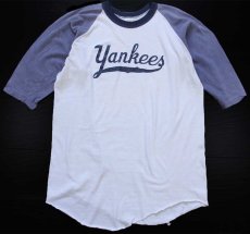 画像1: 70s USA製 RUSSELLラッセル MLB New York Yankees ヤンキース 七分袖 ラグランTシャツ ボロ 白×薄紺 フェード XL (1)