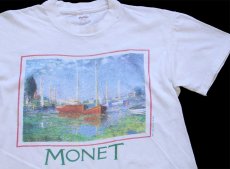 画像1: 80s USA製 MONET Boat Argenteuil クロード モネ アルジャントゥイユの赤いボート アート コットンTシャツ 白 M (1)