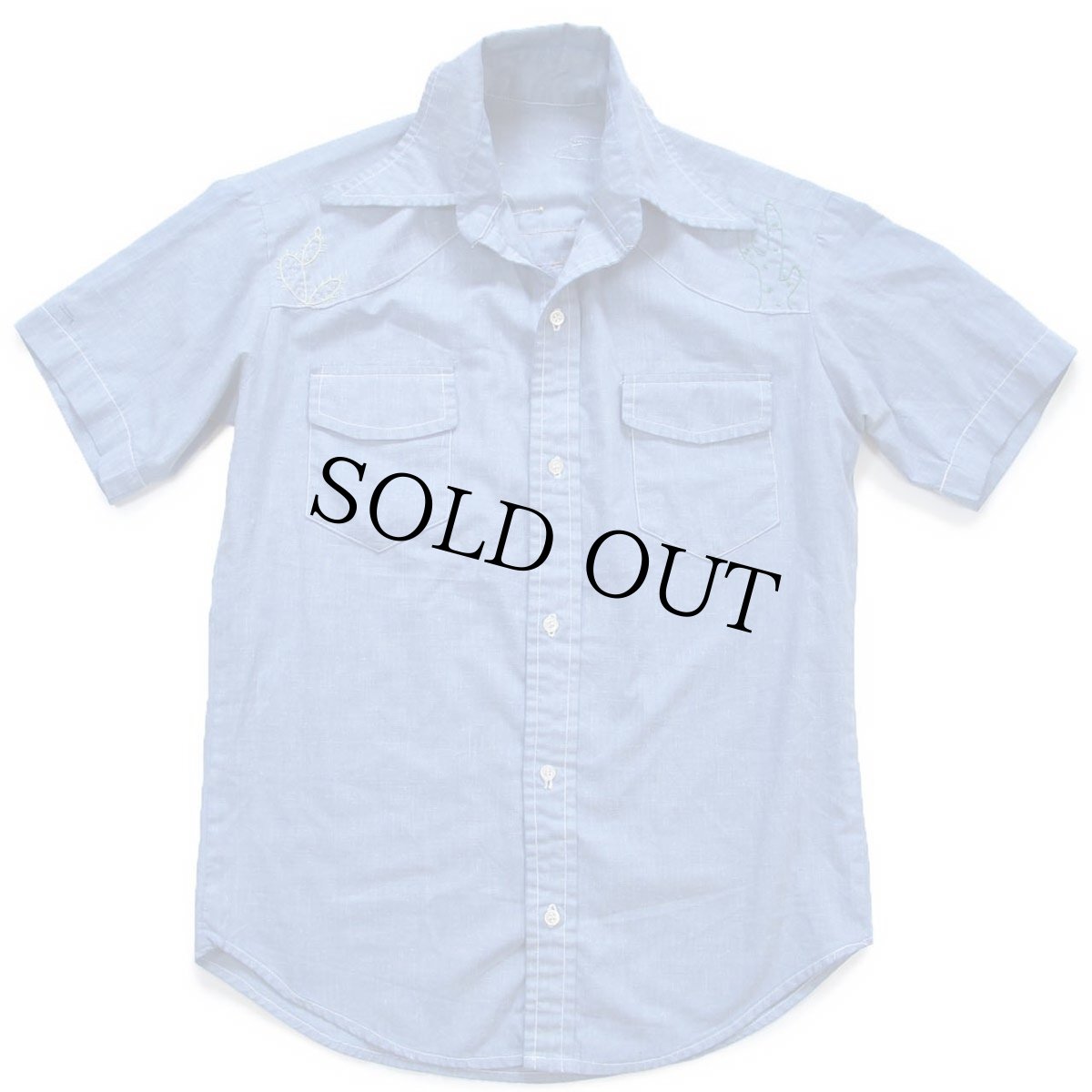 画像2: 70s ハンドメイド サボテン 太陽 刺繍入り 半袖シャンブレーシャツ (2)