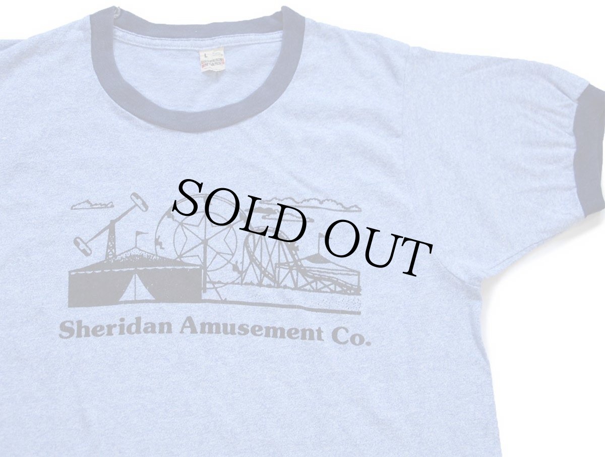 画像1: 80s USA製 Sheridan Amusement Co. 遊園地 ペンキ飛び リンガーTシャツ 杢ブルー×紺 L (1)