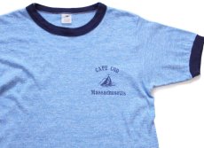 画像1: 80s USA製 CAPE COD Massachusetts ヨット 染み込みプリント リンガーTシャツ 杢ブルー×紺 M (1)