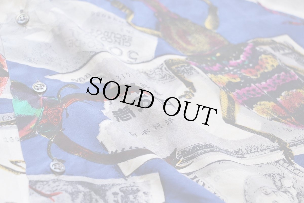 画像5: 90s Diambrini 紙幣 昆虫 アート 総柄 ボタンダウン シルクシャツ★特大 (5)