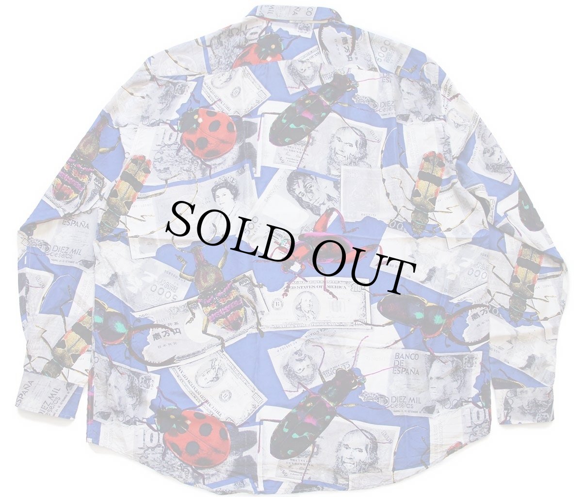 画像2: 90s Diambrini 紙幣 昆虫 アート 総柄 ボタンダウン シルクシャツ★特大 (2)