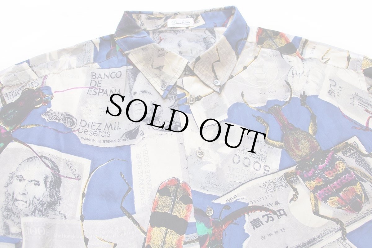 画像3: 90s Diambrini 紙幣 昆虫 アート 総柄 ボタンダウン シルクシャツ★特大 (3)