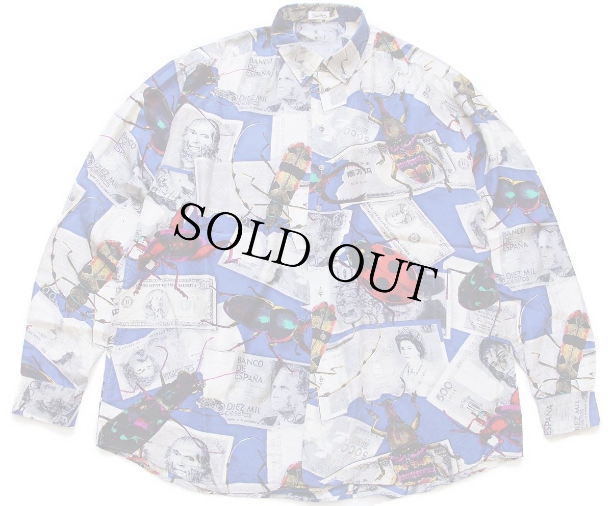 画像1: 90s Diambrini 紙幣 昆虫 アート 総柄 ボタンダウン シルクシャツ★特大 (1)