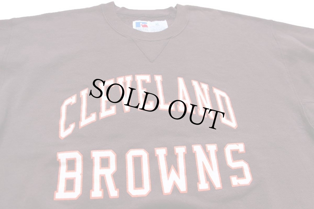 画像3: 90s USA製 RUSSELLラッセル NFL CLEVELAND BROWNS ひび割れプリント 前V スウェット 焦げ茶 XL (3)