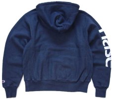 画像2: 00s Championチャンピオン nase ロゴ刺繍 袖プリント リバースウィーブ スウェットパーカー 紺★フーディー (2)