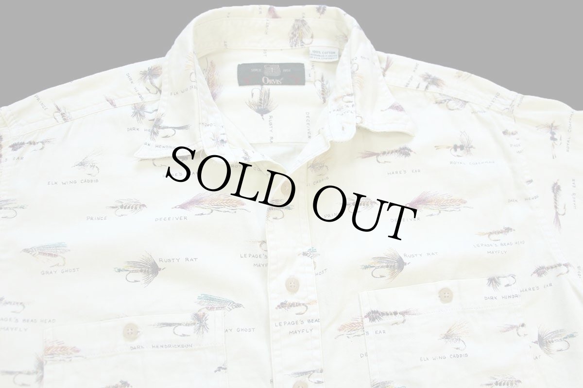 画像3: 90s メキシコ製 ORVISオービス 毛針 フライ 総柄 コットンシャツ 薄黄 L (3)