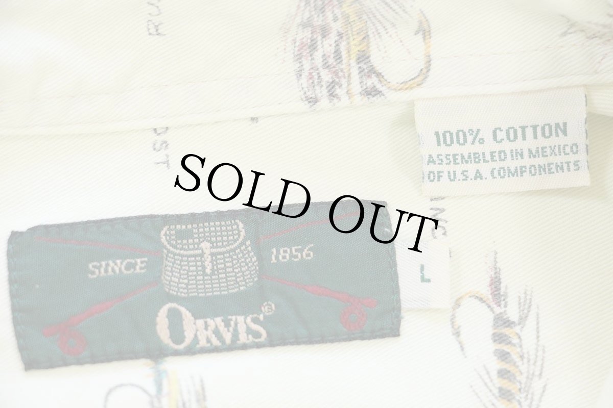 画像4: 90s メキシコ製 ORVISオービス 毛針 フライ 総柄 コットンシャツ 薄黄 L (4)