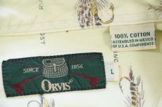 画像4: 90s メキシコ製 ORVISオービス 毛針 フライ 総柄 コットンシャツ 薄黄 L (4)