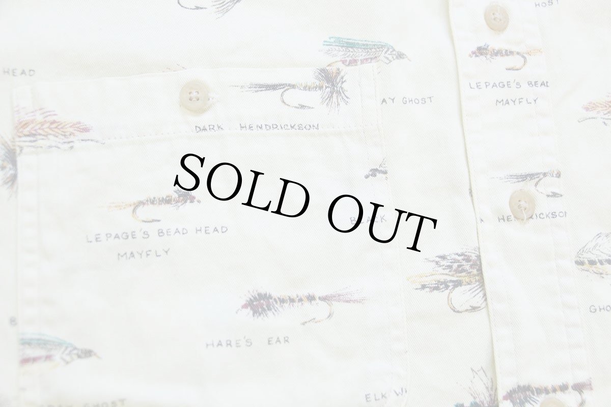 画像5: 90s メキシコ製 ORVISオービス 毛針 フライ 総柄 コットンシャツ 薄黄 L (5)