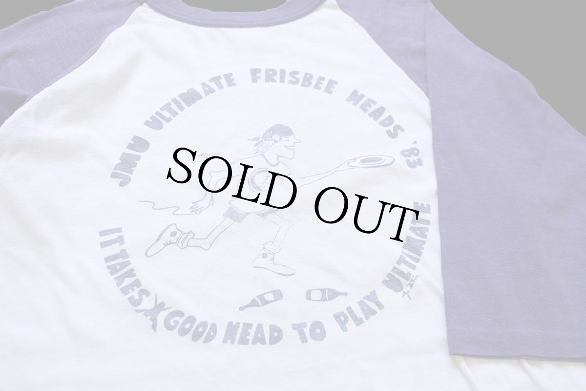 画像3: 80s JMU ULTIMATE FRISBEE HEADS '83 染み込み バックプリント 七分袖 ラグランTシャツ 白×薄紫 (3)