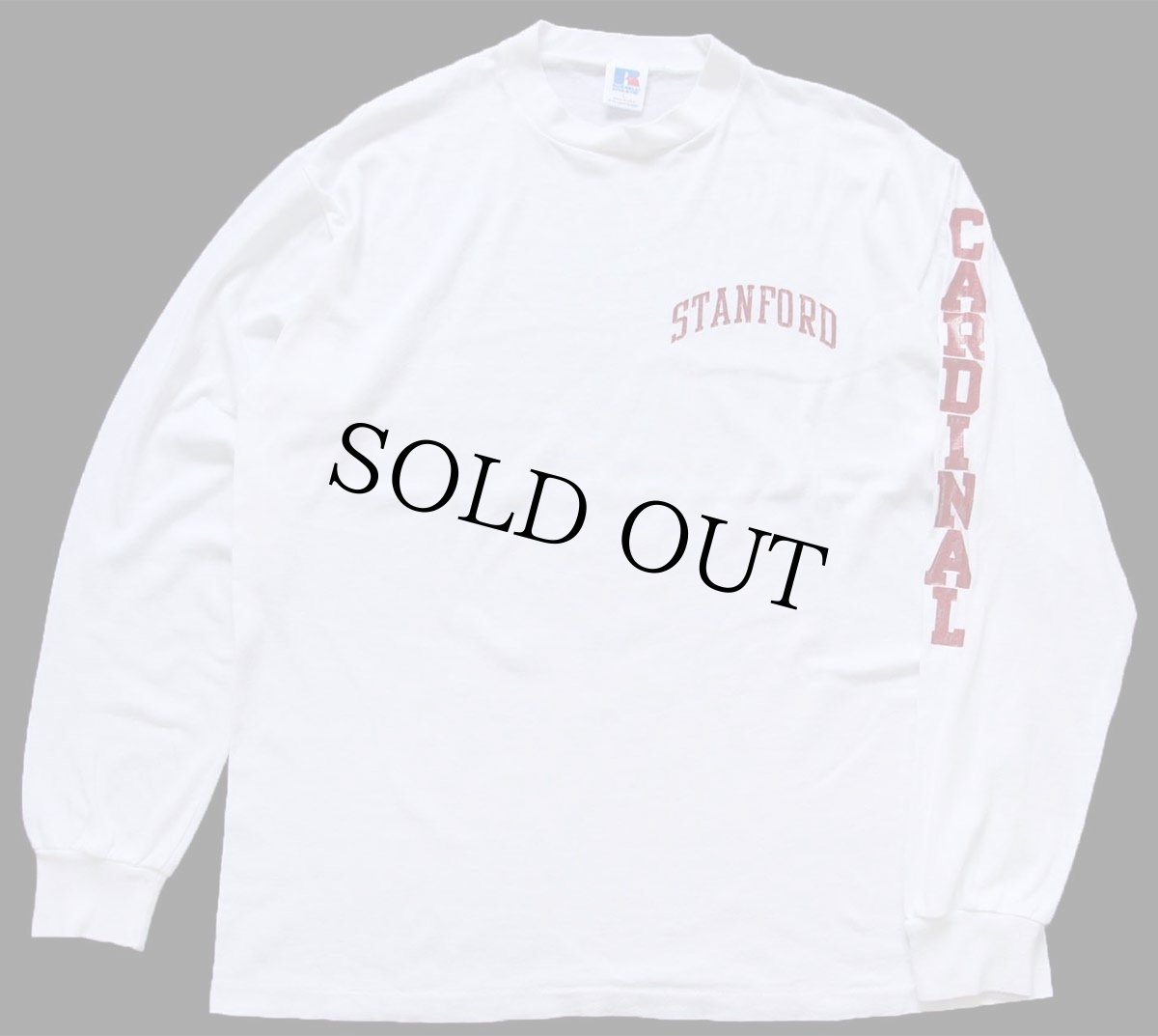 画像1: 80s USA製 RUSSELLラッセル STANFORD CARDI NAL 袖プリント 長袖Tシャツ 白 L (1)