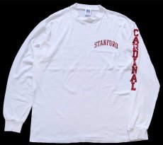 画像1: 80s USA製 RUSSELLラッセル STANFORD CARDI NAL 袖プリント 長袖Tシャツ 白 L (1)