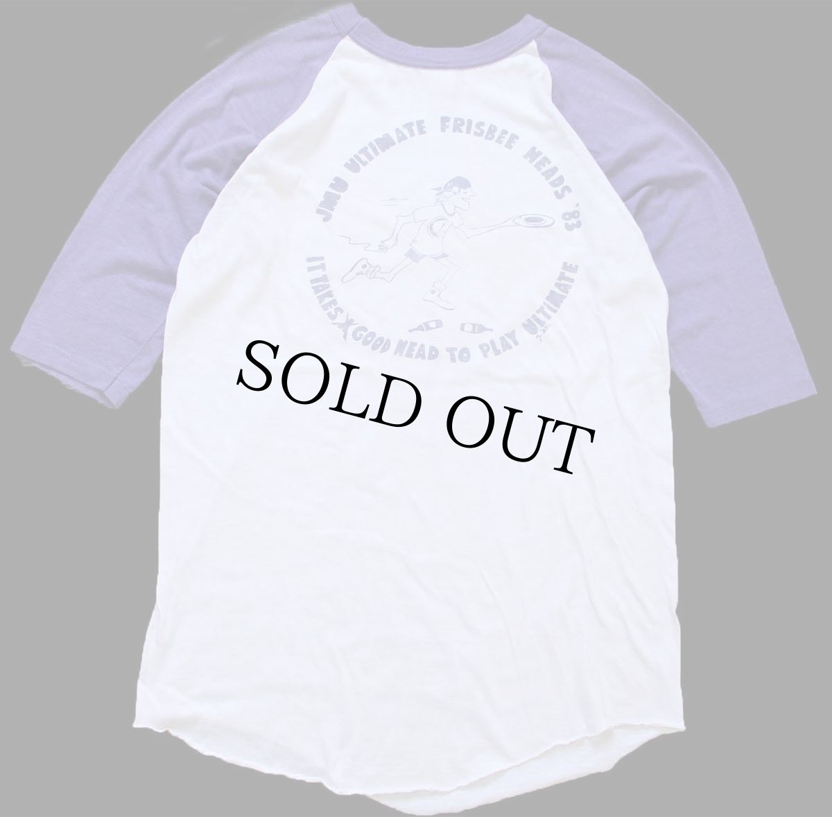 画像1: 80s JMU ULTIMATE FRISBEE HEADS '83 染み込み バックプリント 七分袖 ラグランTシャツ 白×薄紫 (1)