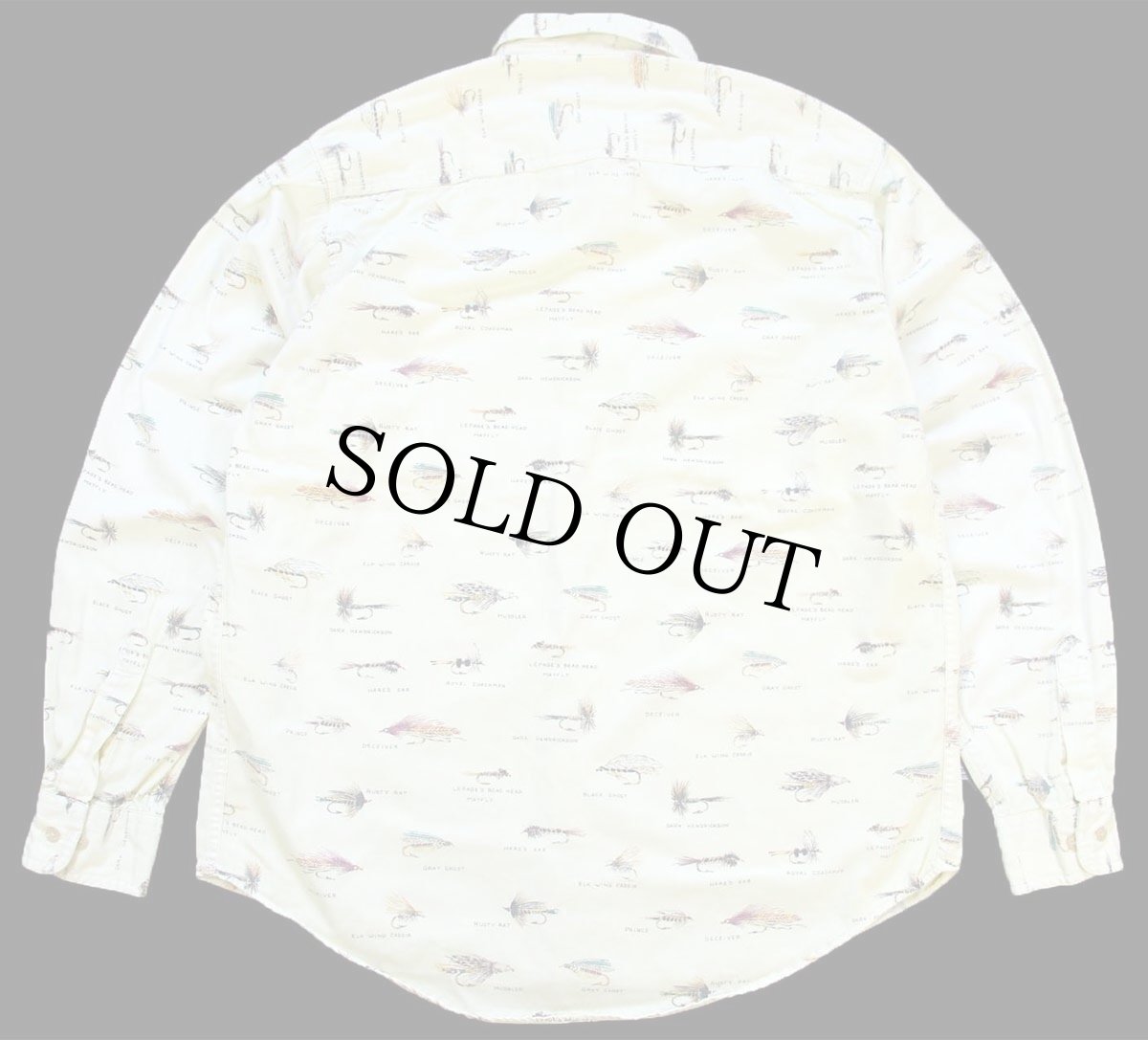 画像2: 90s メキシコ製 ORVISオービス 毛針 フライ 総柄 コットンシャツ 薄黄 L (2)