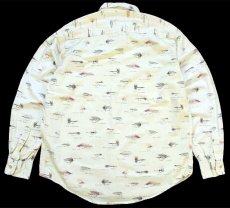 画像2: 90s メキシコ製 ORVISオービス 毛針 フライ 総柄 コットンシャツ 薄黄 L (2)