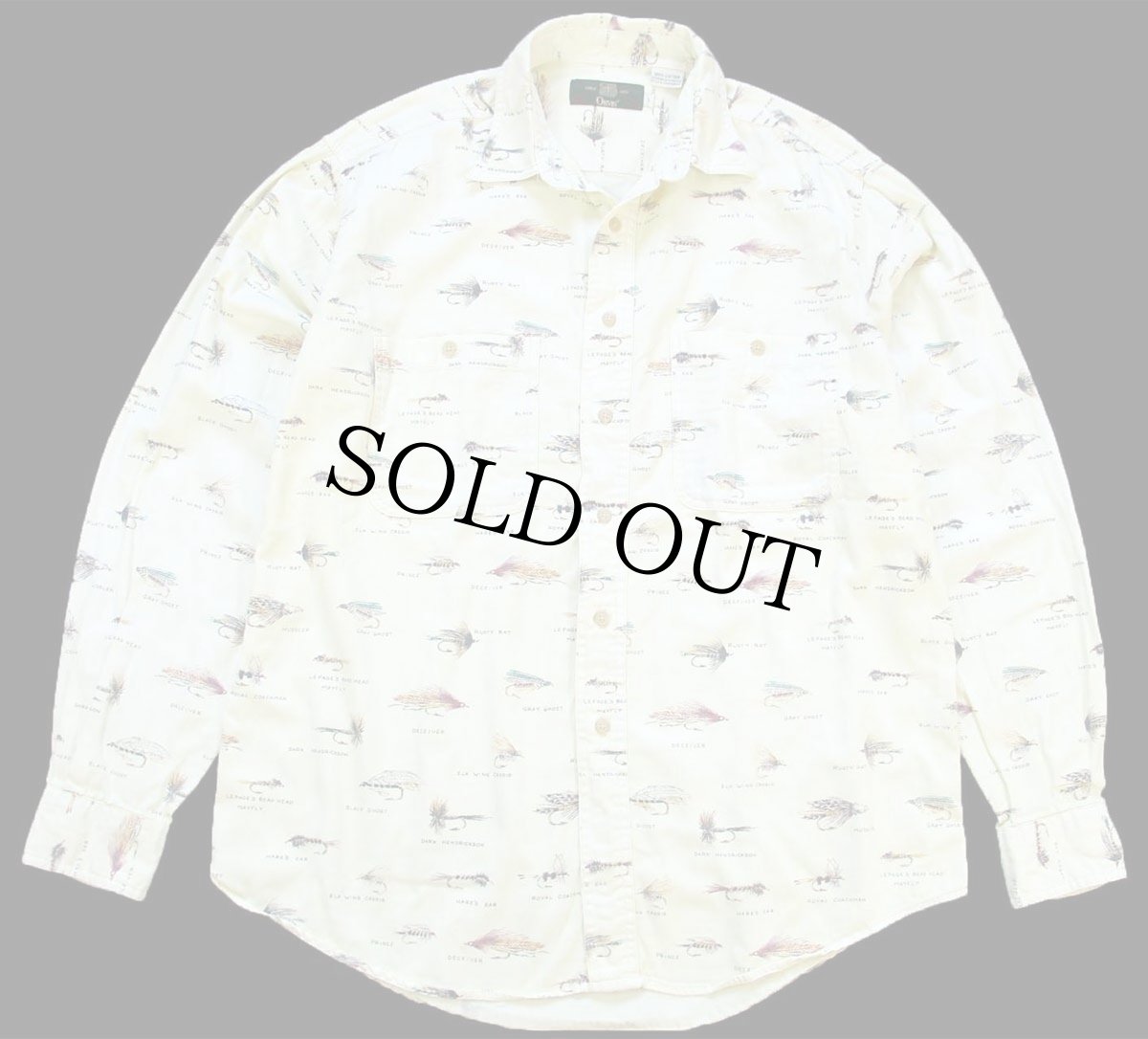 画像1: 90s メキシコ製 ORVISオービス 毛針 フライ 総柄 コットンシャツ 薄黄 L (1)