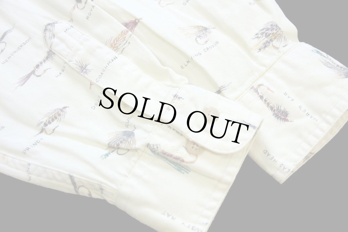 画像6: 90s メキシコ製 ORVISオービス 毛針 フライ 総柄 コットンシャツ 薄黄 L (6)