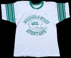 画像2: 80s MICHIGAN STATE MSU SPARTANS アメフト ひび割れプリント Vネック コットン フットボールTシャツ 白×緑 (2)