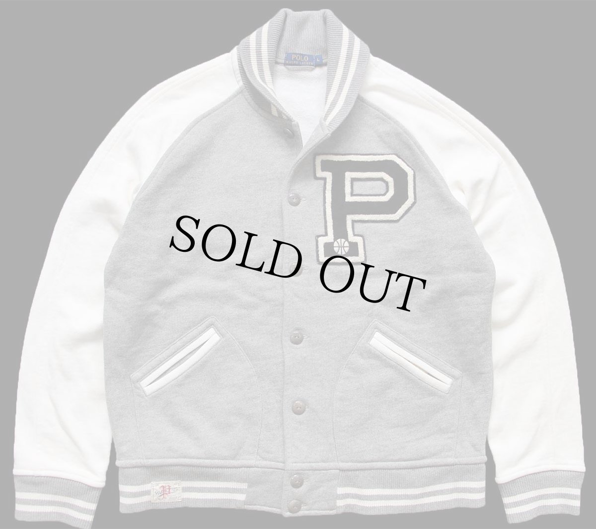 画像1: ポロ ラルフローレン レタードパッチ付き パチポケ ツートン スウェット ボタンスタジャン 杢グレー×アイボリー L★ボタスタ (1)