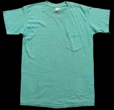 画像2: 80s USA製 無地 ポケットTシャツ グリーン M (2)