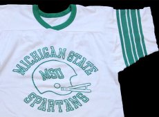 画像1: 80s MICHIGAN STATE MSU SPARTANS アメフト ひび割れプリント Vネック コットン フットボールTシャツ 白×緑 (1)