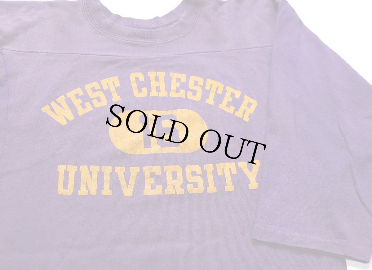 画像3: 80s USA製 Championチャンピオン WEST CHESTER 三段中抜き ひび割れプリント コットン フットボールTシャツ 紫 フェード M (3)
