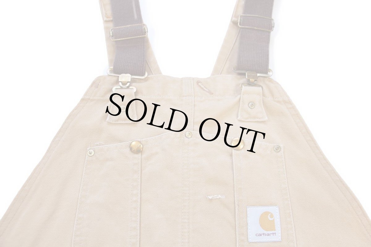 画像4: 90s USA製 carharttカーハート ダブルニー ダック地 オーバーオール カスタム 茶 W44 L34 (4)