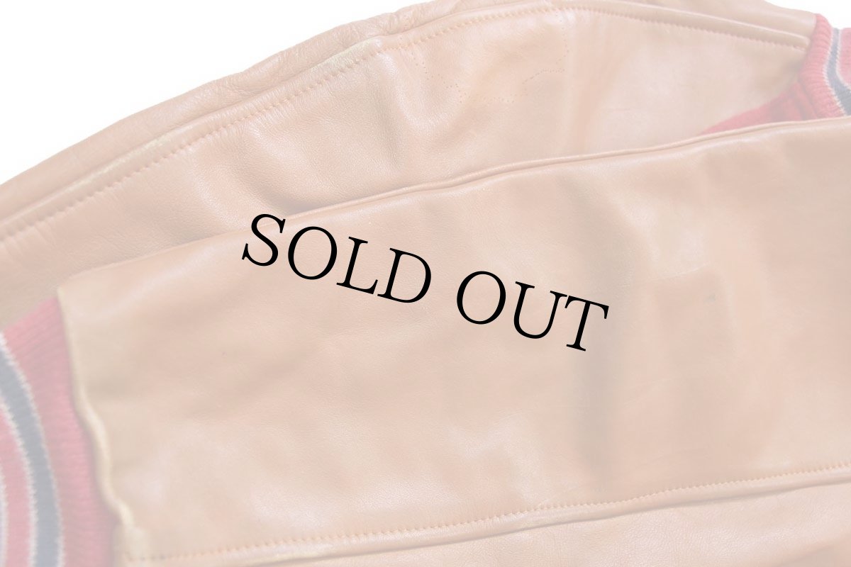 画像7: 70s USA製 Hatchers レタードパッチ付き メルトン ウール 袖革スタジャン 赤×茶 XXL★特大 (7)