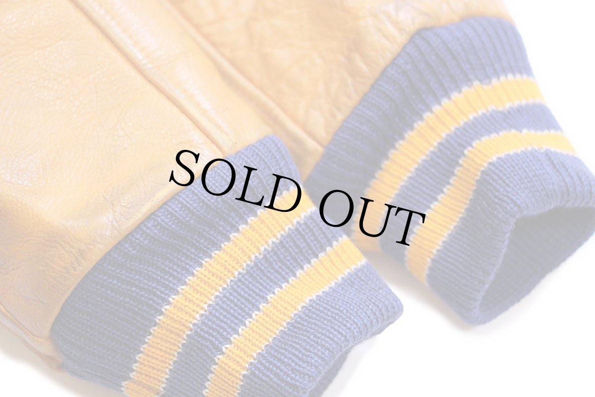 画像8: 70s LASLEY KNITTING キルティングライナー メルトン ウール 袖革スタジャン 青×山吹 44 (8)