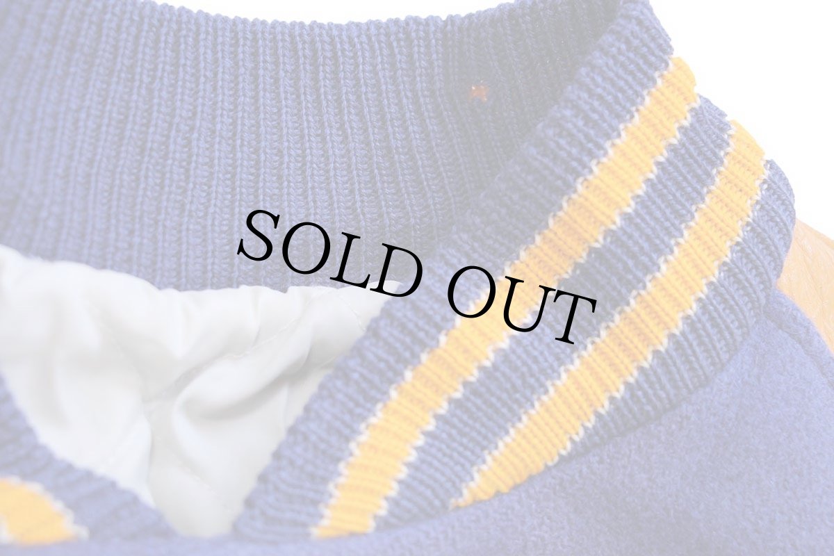 画像5: 70s LASLEY KNITTING キルティングライナー メルトン ウール 袖革スタジャン 青×山吹 44 (5)