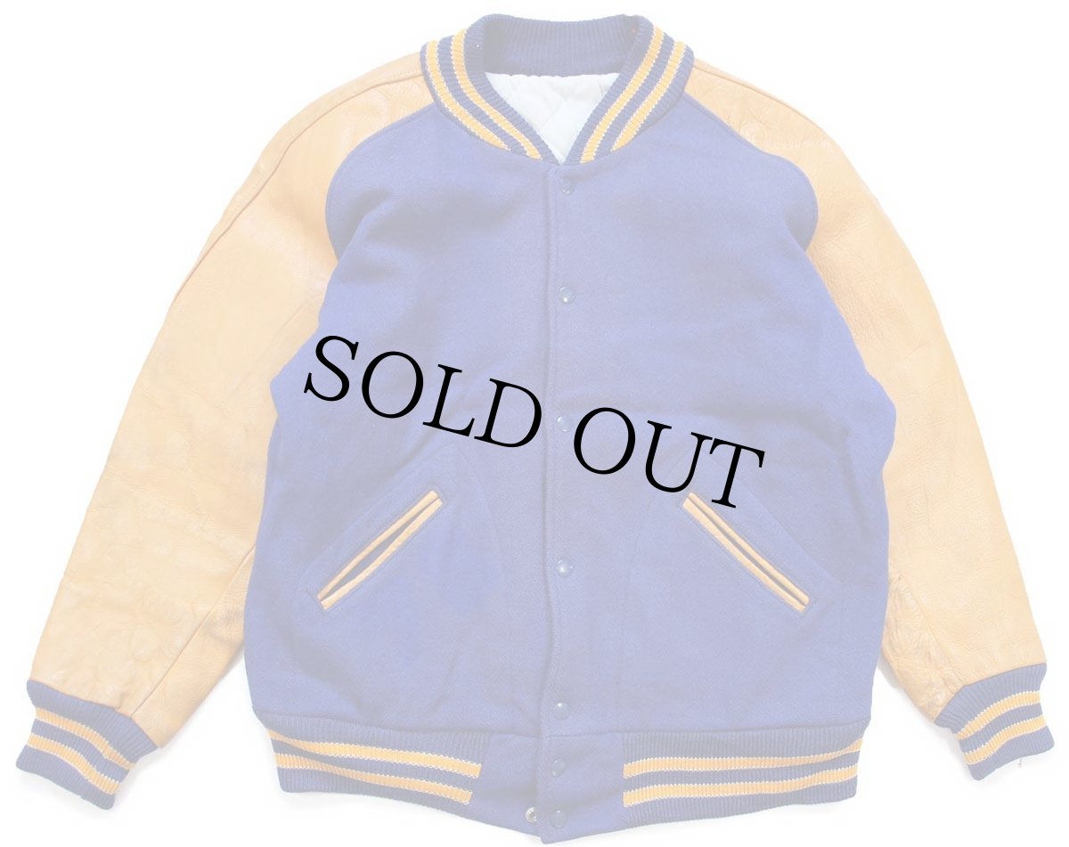 画像1: 70s LASLEY KNITTING キルティングライナー メルトン ウール 袖革スタジャン 青×山吹 44 (1)