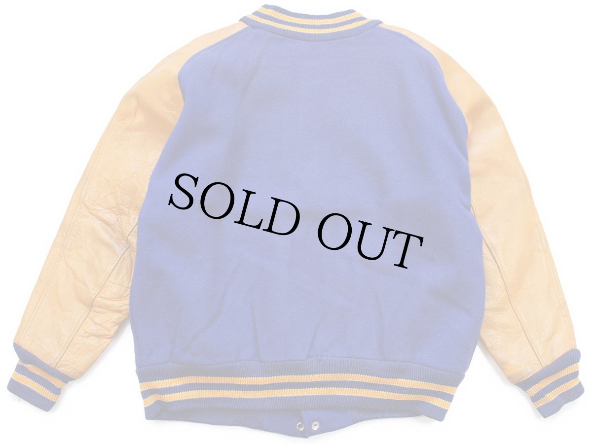 画像2: 70s LASLEY KNITTING キルティングライナー メルトン ウール 袖革スタジャン 青×山吹 44 (2)