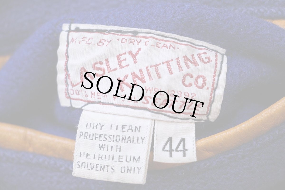 画像4: 70s LASLEY KNITTING キルティングライナー メルトン ウール 袖革スタジャン 青×山吹 44 (4)